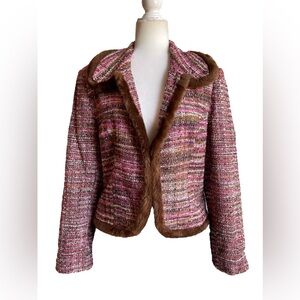 Vintage J. Marco Women's Pink Tweed Jacket with Brown Trim